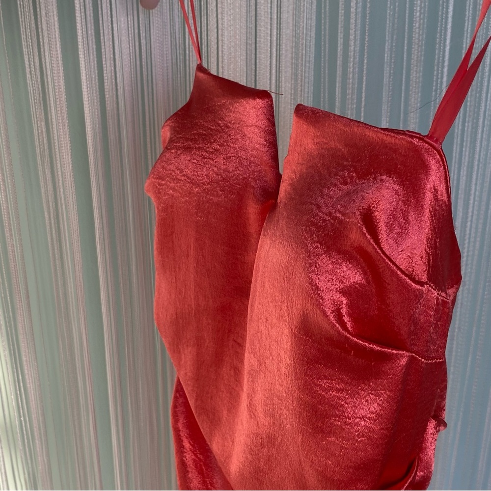 Coral Satin Ruched Strapless Dress - Picture 6 of 17